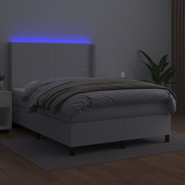 vidaXL Κρεβάτι Boxspring με Στρώμα & LED Λευκό 140x200 εκ. Συνθ. Δέρμα