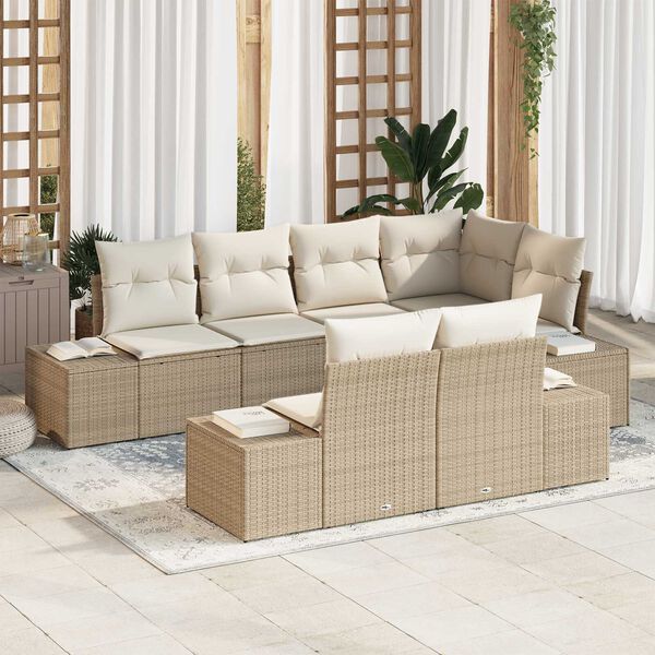 vidaXL Σετ Καναπέ Κήπου με μαξιλάρι 7 pcs μπεζ και κρεμ Πολυ ράταν