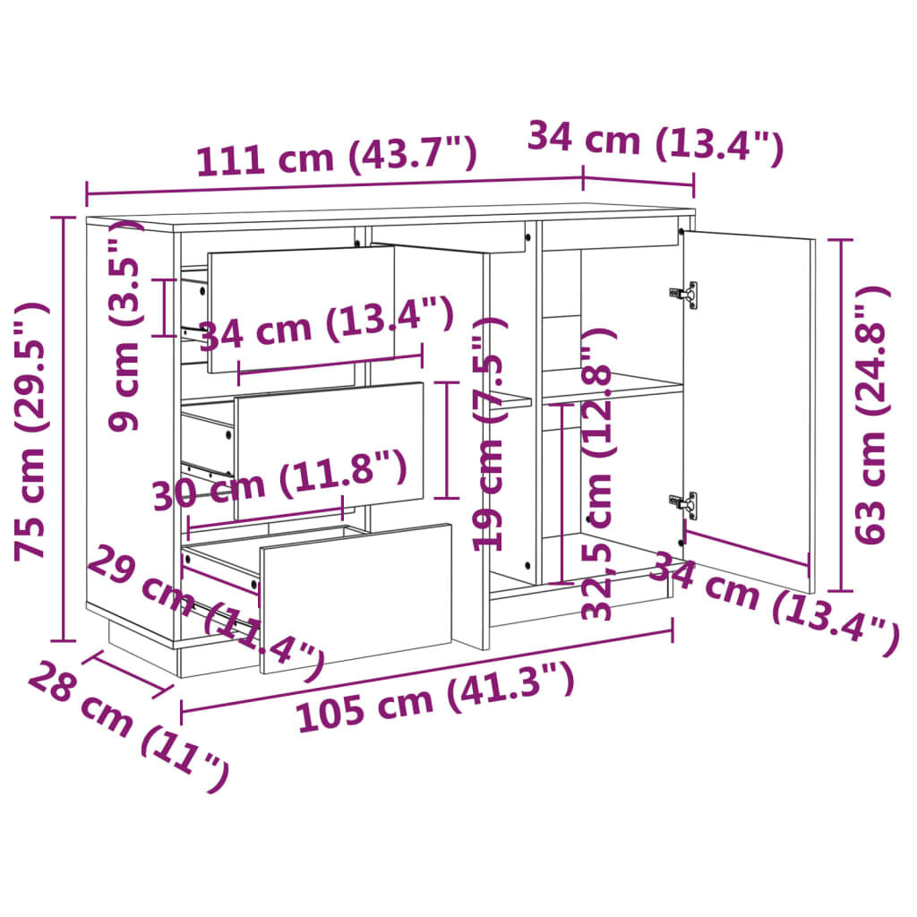 vidaXL Μπουφές με Συρτάρια Λευκός 111x34x75 εκ. από Μασίφ Ξύλο Πεύκου