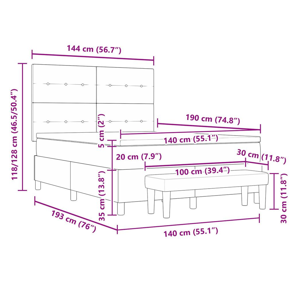 Κρεβάτι Box Spring με στρώμα και πάγκο vidaXL Ανοιχτό Γκρι 140x190 εκ Υφάσμα