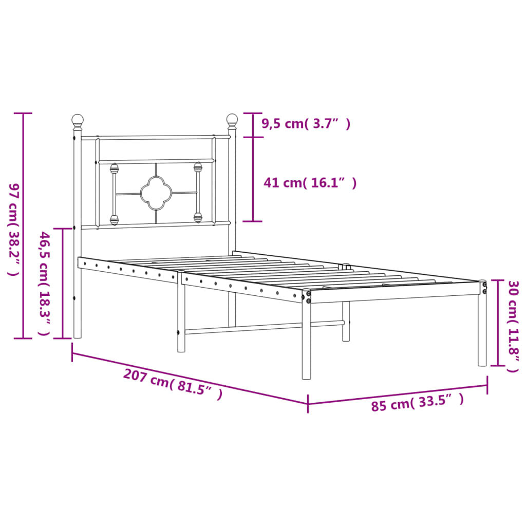 vidaXL Πλαίσιο Κρεβατιού με Κεφαλάρι Μαύρο 80 x 200 εκ. Μεταλλικό