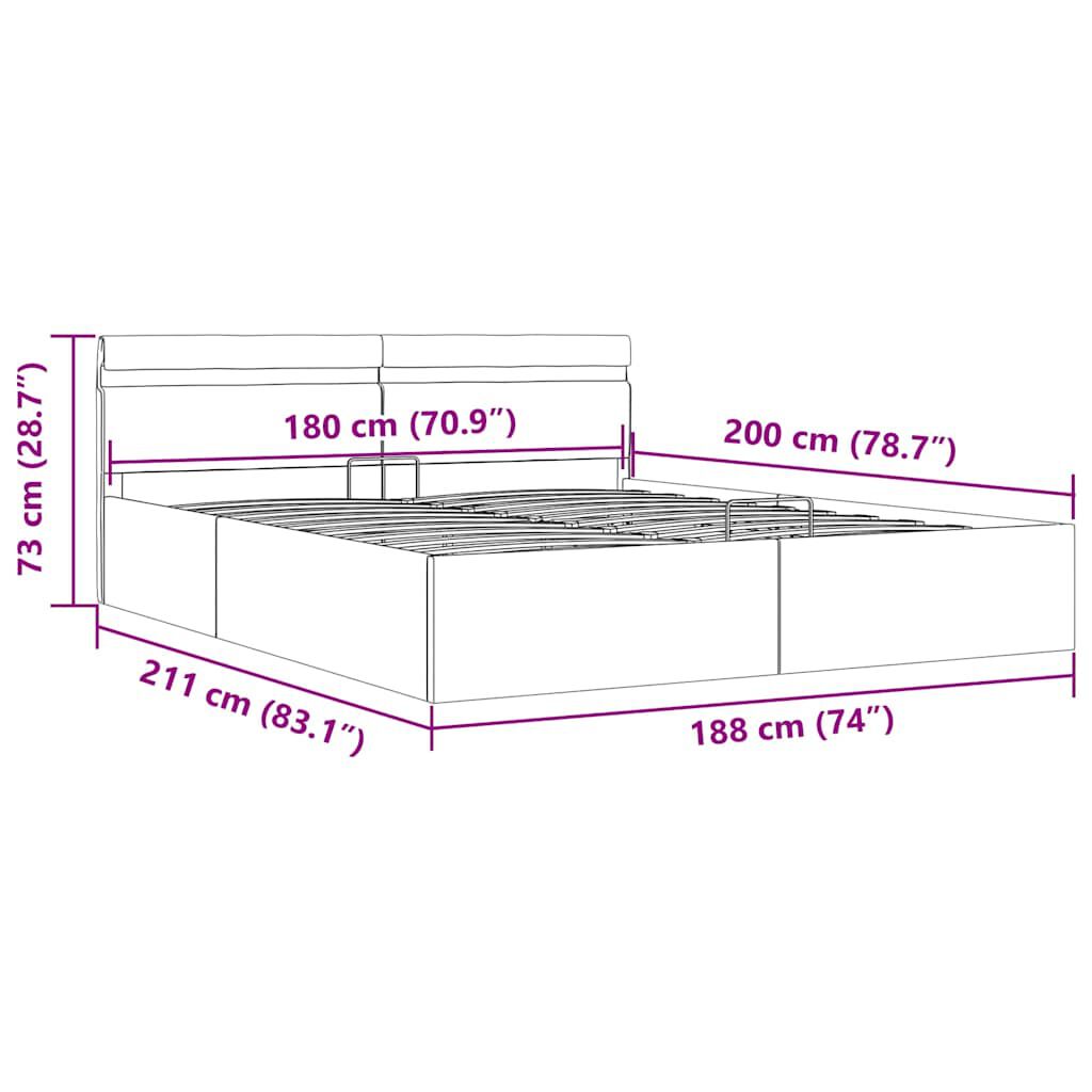 vidaXL Πλαίσιο Κρεβατιού Αποθ. Χώρο/LED Μαύρο 180x200 εκ. Δερματίνη