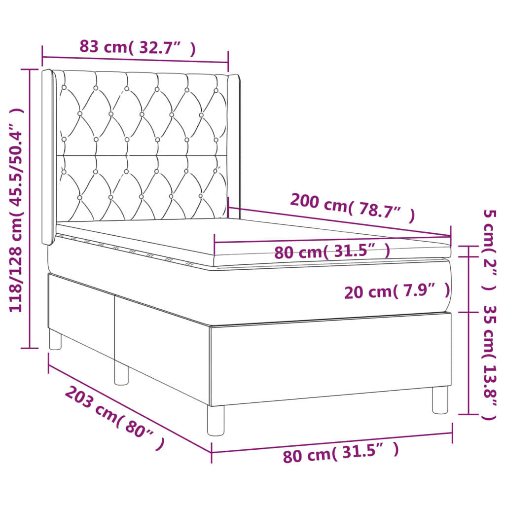 vidaXL Κρεβάτι Boxspring με Στρώμα & LED Μαύρο 80x200 εκ. Βελούδινο