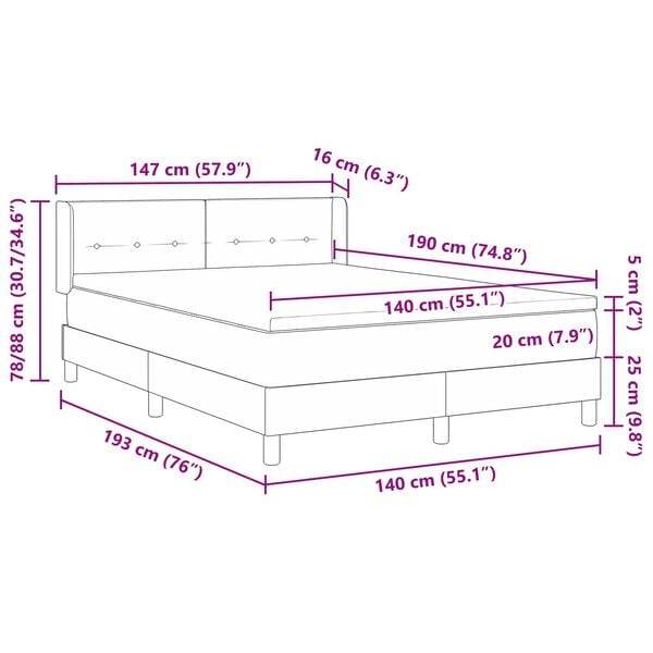 vidaXL Κρεβάτι Box Spring με Στρώμα, Σκούρο Γκρι, 140 x 190 εκ, Υφασμα