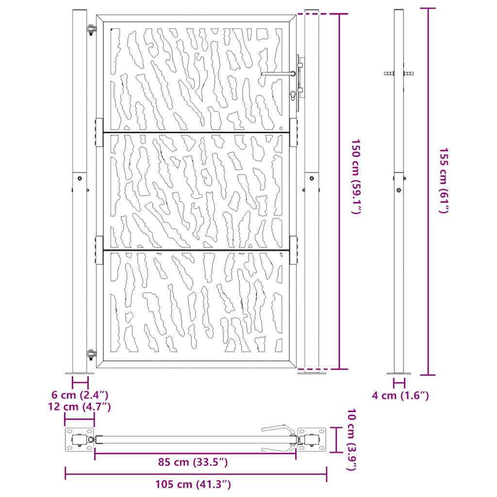 vidaXL Πύλη κήπου 105x155 cm από διαβρωμένο χάλυβα με σχέδιο ίχνος