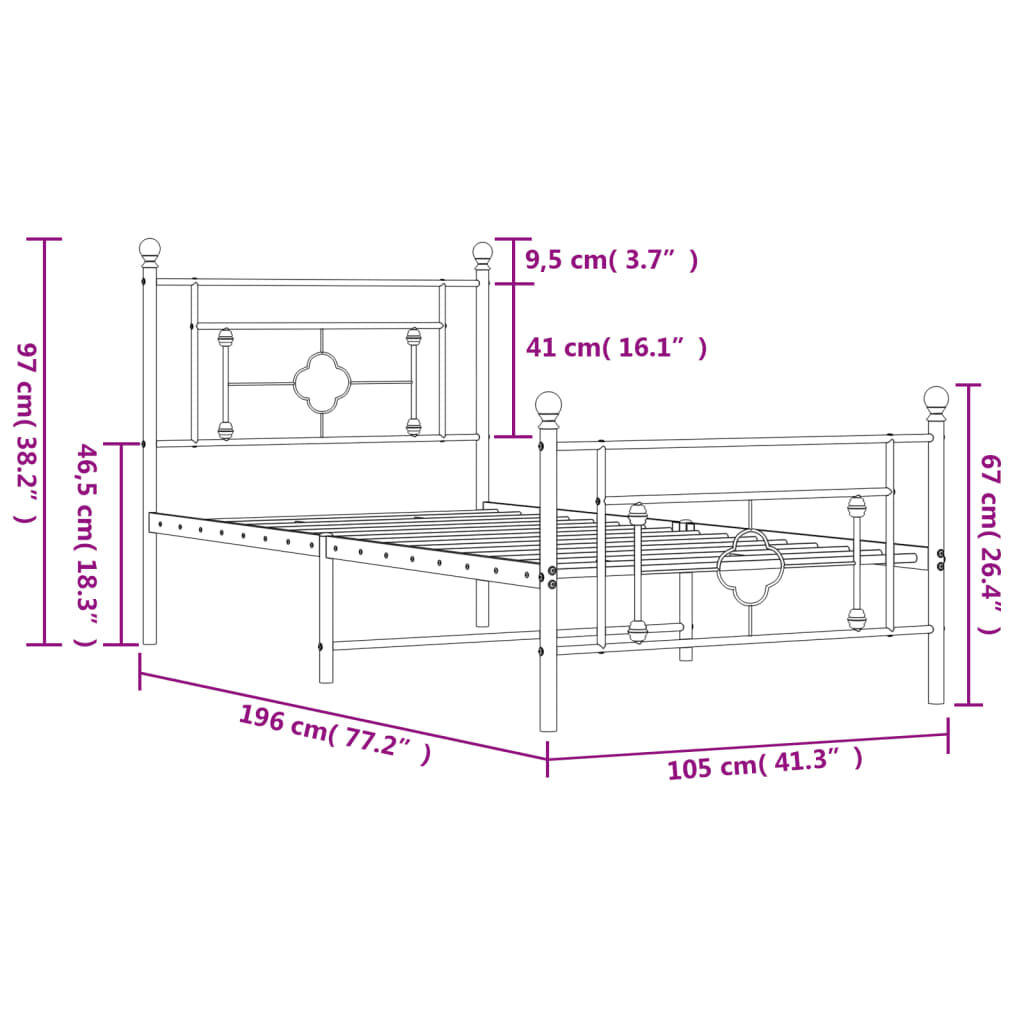 vidaXL Πλαίσιο Κρεβατιού με Κεφαλάρι&Ποδαρικό Λευκό 100x190εκ. Μέταλλο