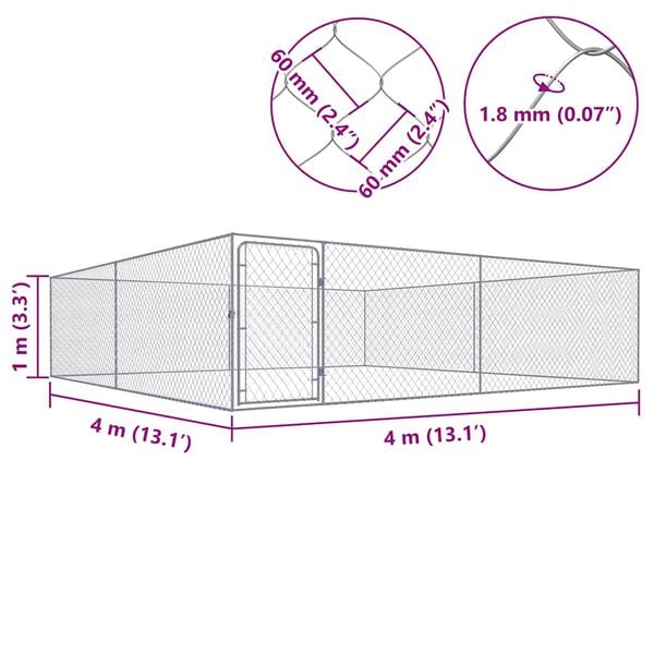 vidaXL Κλουβί Σκύλου Εξωτερικού Χώρου 4 x 4 x 1 μ. Γαλβανισμένο Ατσάλι