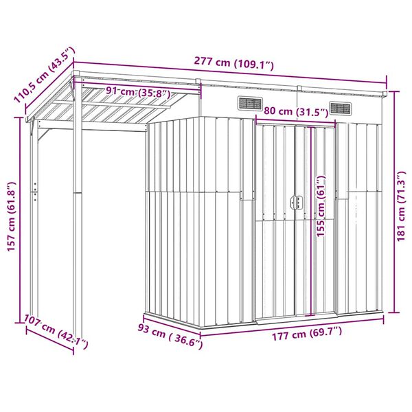vidaXL Αποθήκη Κήπου Εκτεταμένη Οροφή Καφέ 277x107x181 εκ. Ατσάλι
