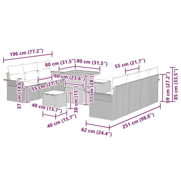 vidaXL Σετ Καναπέ Κήπου 10 pcs Γκρι συνθετικό ρατάν