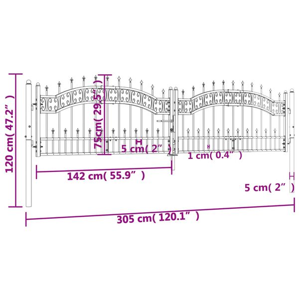 vidaXL Πόρτα Φράχτη με Ακίδες Μαύρη 305x120 εκ. Ατσάλι με Ηλεκτρ. Βαφή