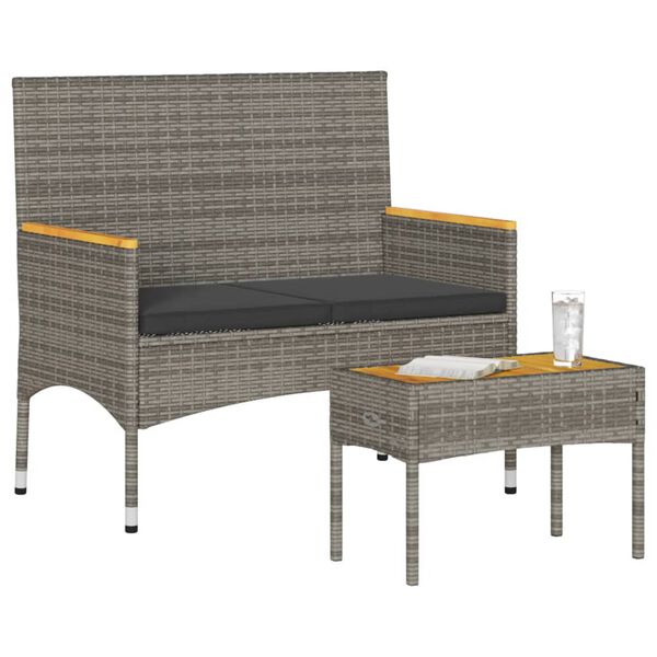 vidaXL Παγκάκι Κήπου Διθέσιο Γκρι Συνθετικό Ρατάν με Μαξιλάρια/Τραπέζι