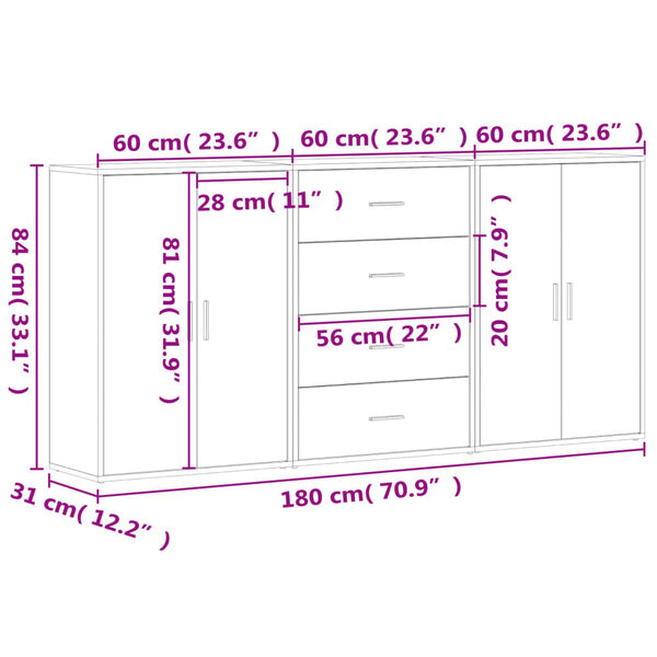 vidaXL Βοηθητικά Ντουλάπια 3 τεμ. Γκρι Σκυρ. 60x31x84 εκ. Επεξ. Ξύλο