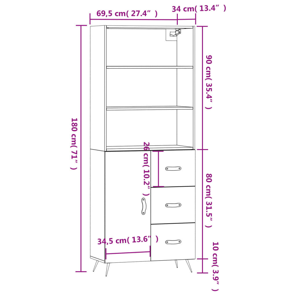 vidaXL Ντουλάπι Μαύρο 69,5x34x180 εκ. από Επεξεργασμένο Ξύλο