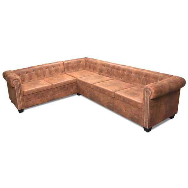 vidaXL Καναπές Γωνιακός Εξαθέσιος Chesterfield Καφέ Συνθετικό Δέρμα