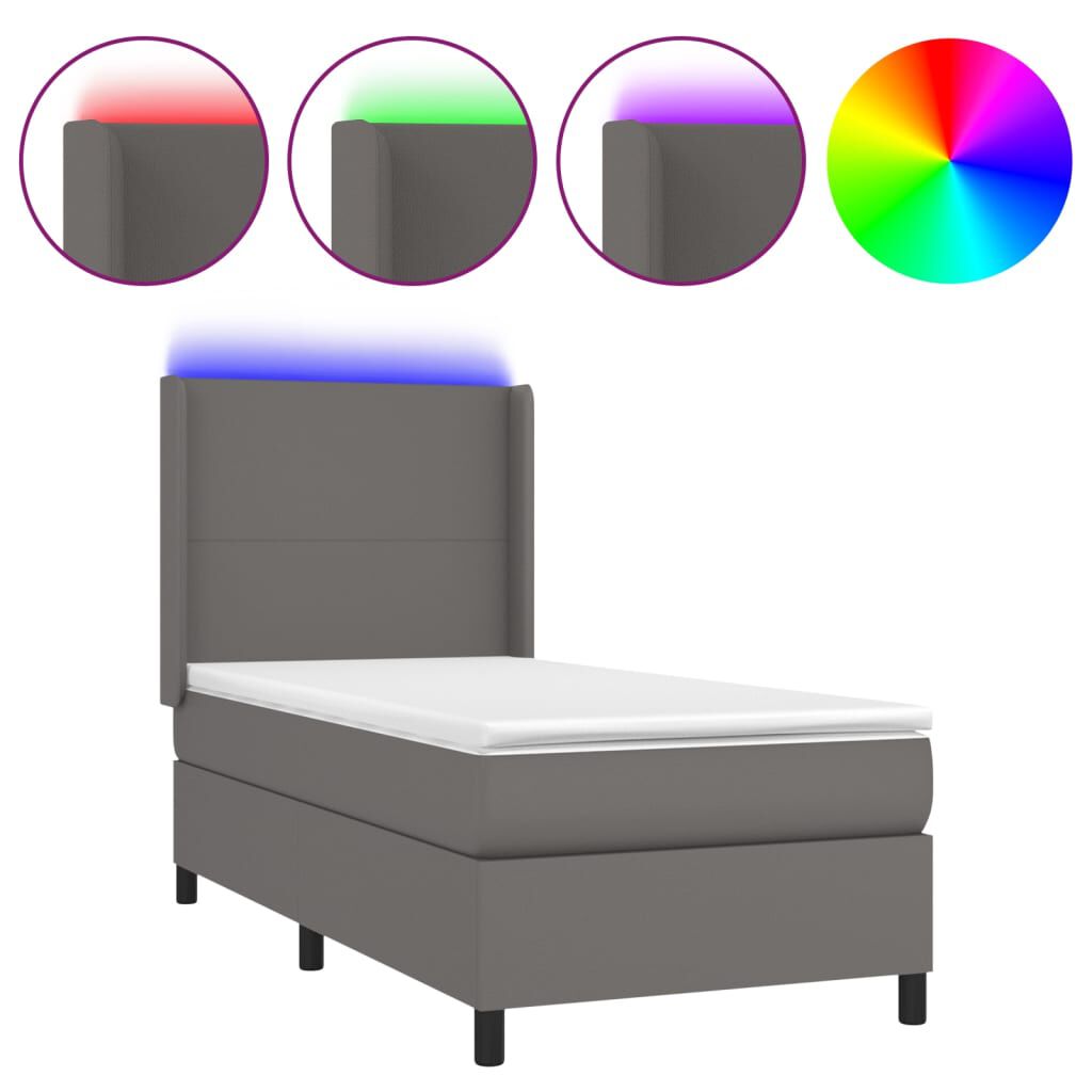 vidaXL Κρεβάτι Boxspring με Στρώμα & LED Γκρι 90x190 εκ. Συνθ. Δέρμα