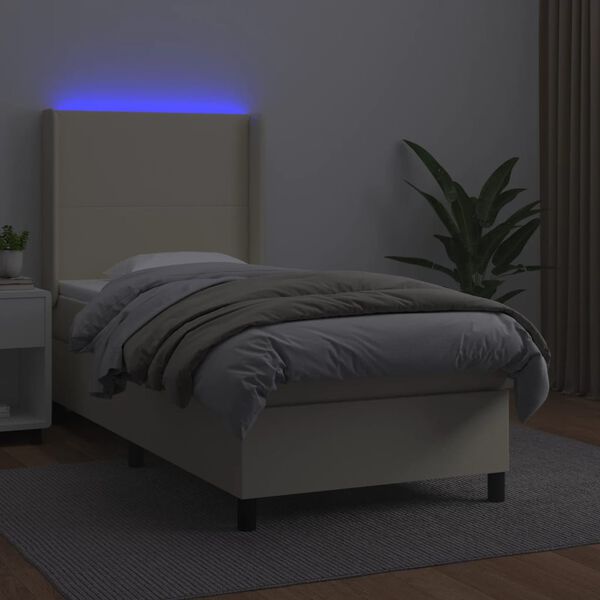 vidaXL Κρεβάτι Boxspring με Στρώμα & LED Κρεμ 100x200 εκ. Συνθ. Δέρμα