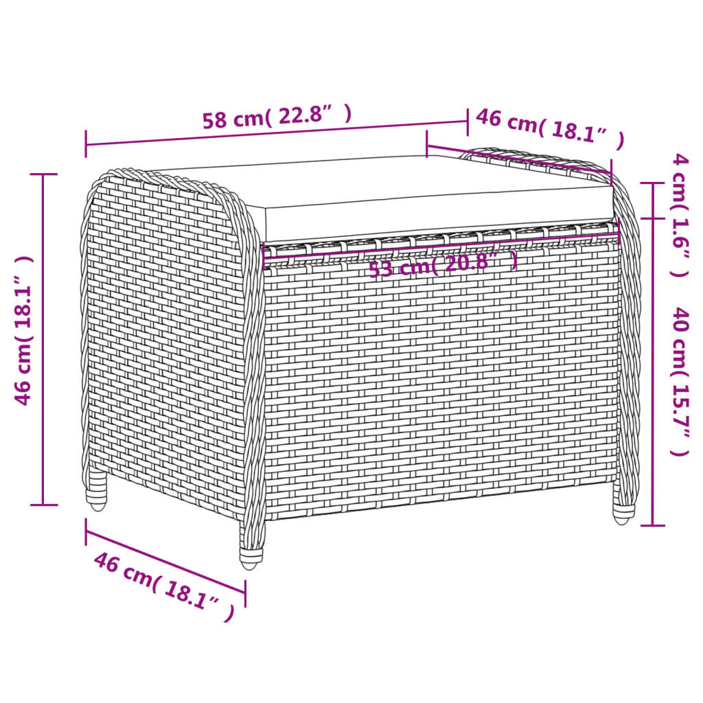 vidaXL Υποπόδιο Κήπου Καφέ 58x46x46 εκ. Συνθετικό Ρατάν με Μαξιλάρι
