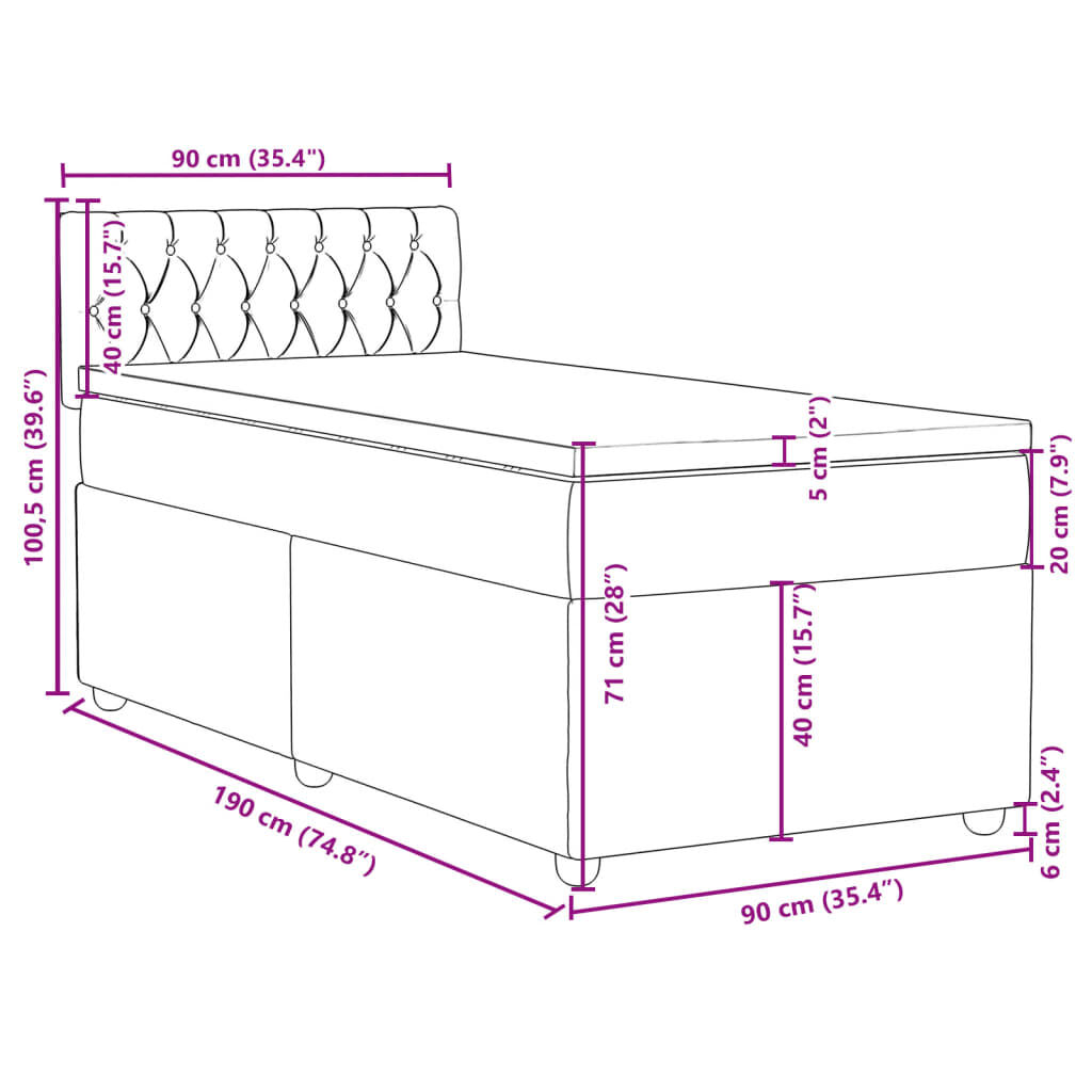 vidaXL Κρεβάτι Boxspring με Στρώμα Μαύρο 90x190 εκ.Υφασμάτινο