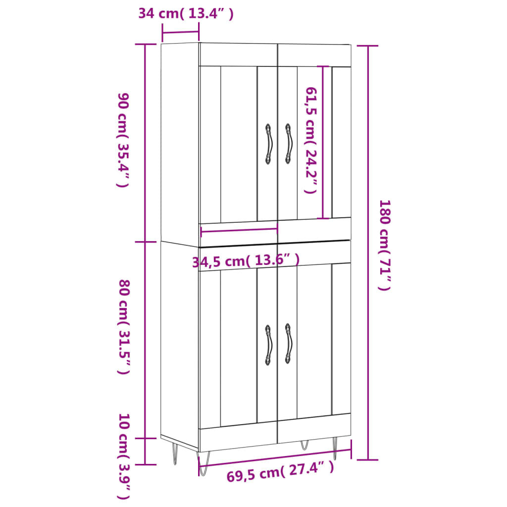 vidaXL Ντουλάπι Λευκό 69,5x34x180 εκ. από Επεξεργασμένο Ξύλο
