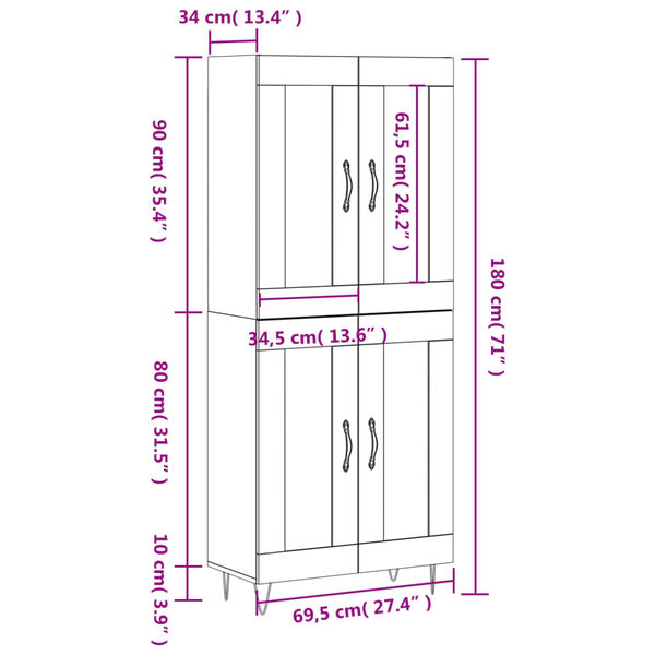 vidaXL Ντουλάπι Λευκό 69,5x34x180 εκ. από Επεξεργασμένο Ξύλο