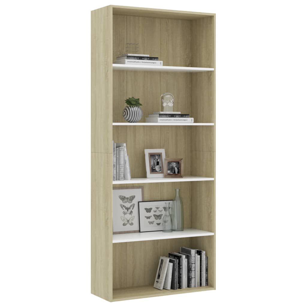 vidaXL Βιβλιοθήκη με 5 Ράφια Λευκό/Sonoma 80x30x189 εκ. Μοριοσανίδα