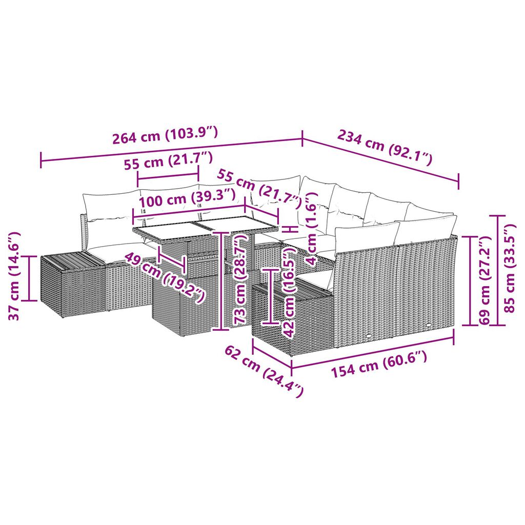 vidaXL Σετ Garden Sofa 9 Τεμαχίων με Μαξιλάρια Μαύρο Πολυ Ρατάν