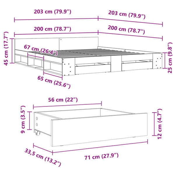 vidaXL Πλαίσιο Κρεβατιού με συρτάρια Sonoma Δρυς 200x200εκ. Επεξ. Ξύλο