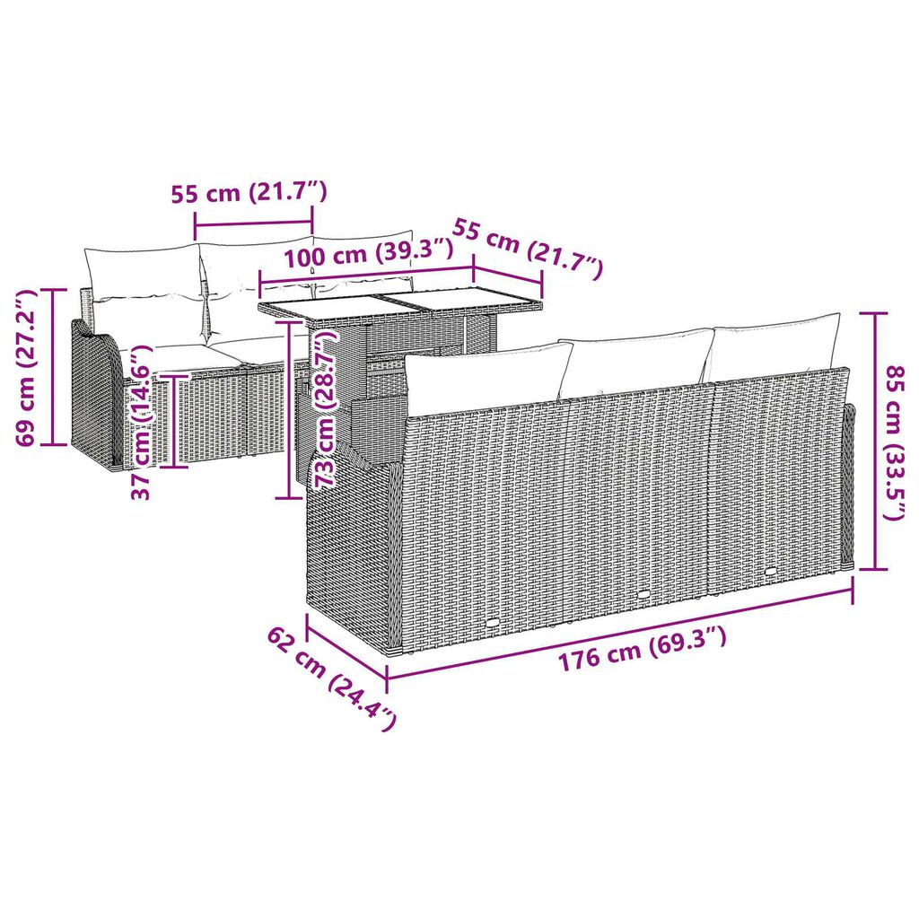 vidaXL Σετ Καναπέ Κήπου με μαξιλάρι 7 pcs Μαύρο Πολυ ράταν