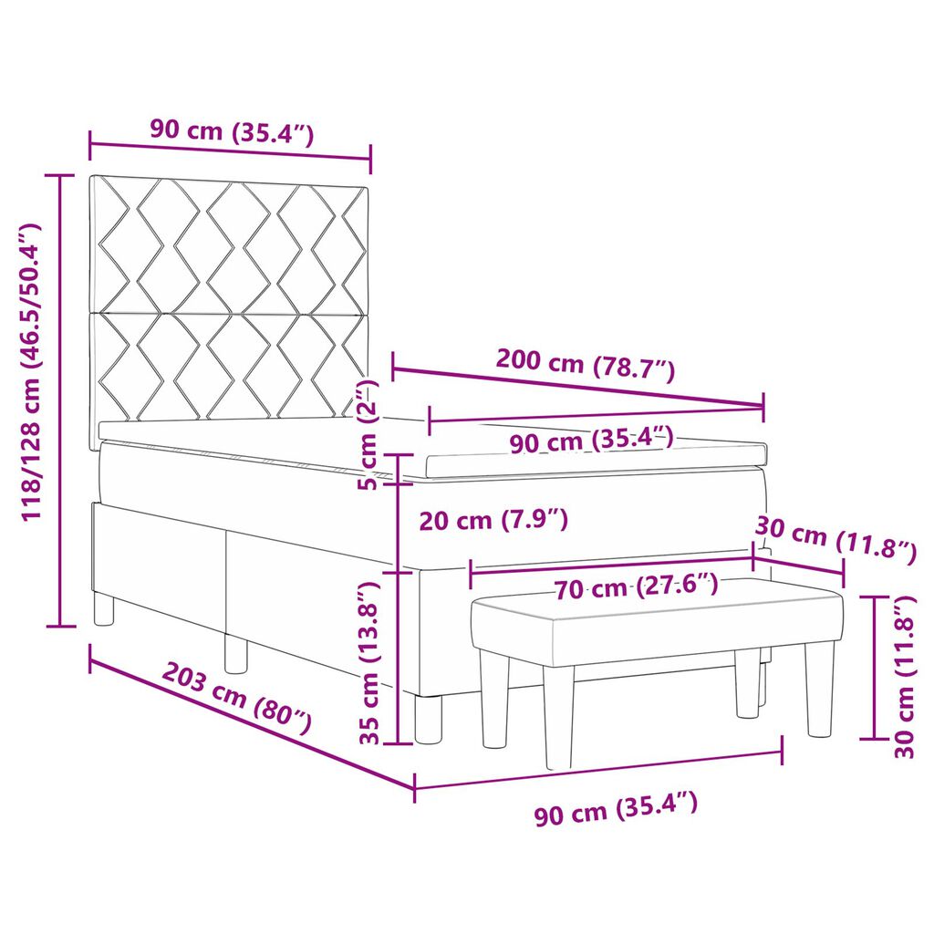 vidaXL Κρεβάτι Box Spring με Στρώμα & Πάγκο Σκούρο Καφέ 90x200 εκ. Ύφασμα