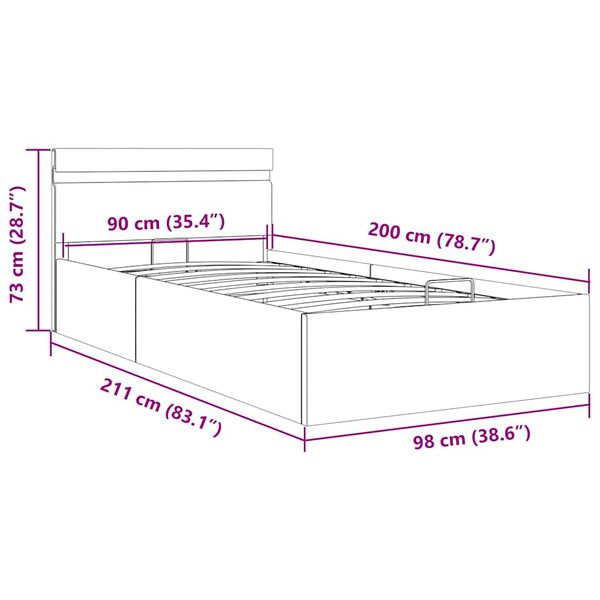 vidaXL Πλαίσιο Κρεβατιού Αποθ. Χώρο/LED Μαύρο 90x200 εκ. Δερματίνη