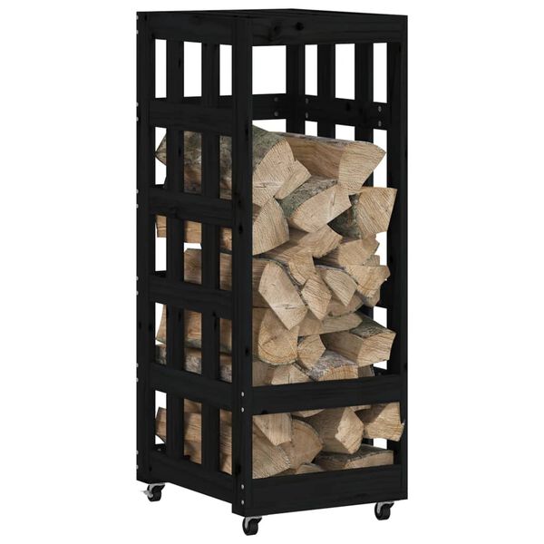 vidaXL Ξυλοθήκη με Τροχούς Μαύρη 40 x 49 x 110 εκ. Μασίφ Ξύλο Πεύκου