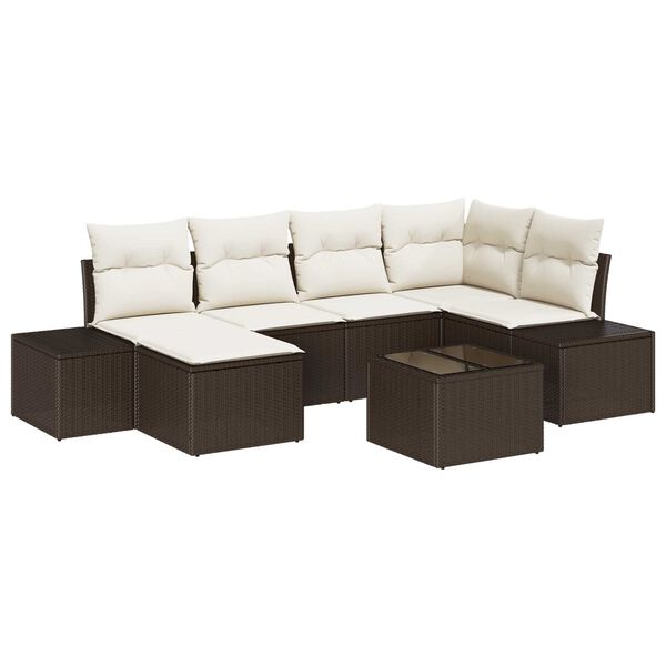 vidaXL Σετ Καναπέ Κήπου με μαξιλάρι 7 pcs Καφέ και κρεμ Πολυ ράταν