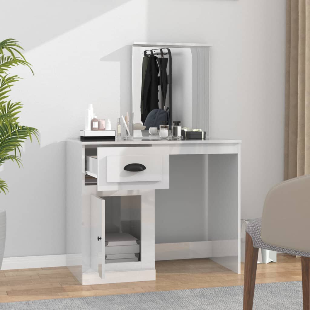 vidaXL Μπουντουάρ με Καθρέφτη Γυαλ. Λευκό 90x50x132,5 εκ. Επεξ. Ξύλο