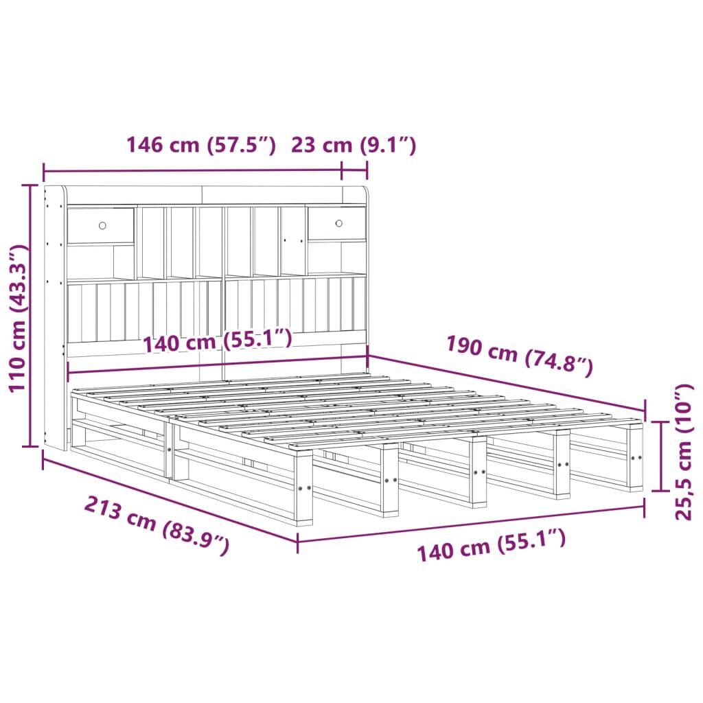 vidaXL Κρεβάτι Βιβλιοθήκη Χωρίς Στρώμα 140x190 εκ Μασίφ Ξύλο Πεύκου