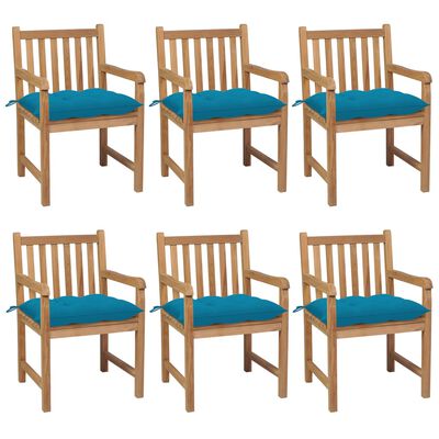 vidaXL Καρέκλες Κήπου 6 τεμ. από Μασίφ Ξύλο Teak με Γαλάζια Μαξιλάρια