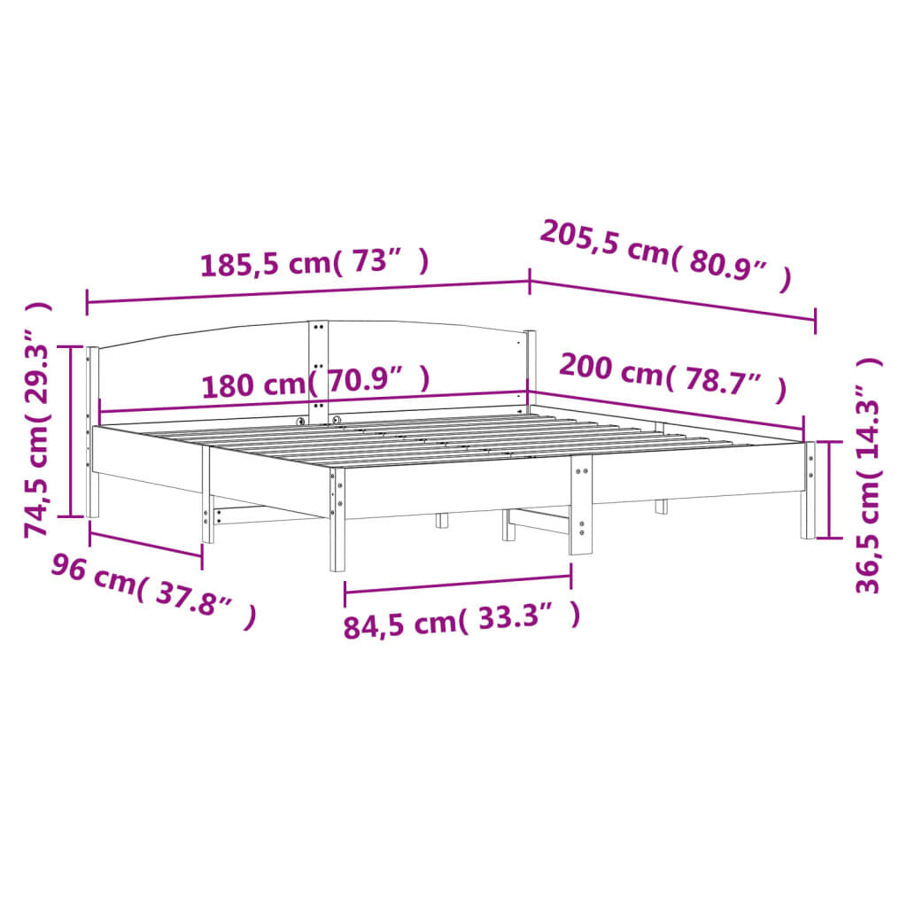 vidaXL Σκελετός Κρεβατιού Χωρίς Στρώμα 180x200 εκ Μασίφ Ξύλο Πεύκου