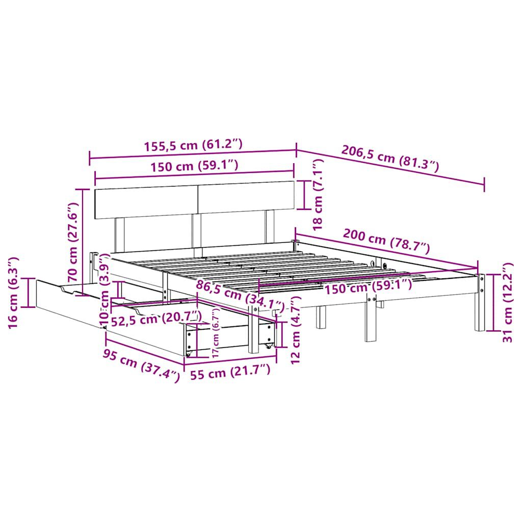 vidaXL Σκελετός Κρεβατιού Χωρίς Στρώμα 150x200 εκ Μασίφ Ξύλο Πεύκου
