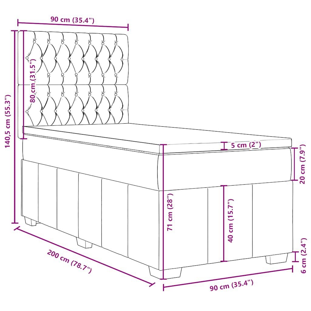 vidaXL Κρεβάτι Boxspring με Στρώμα Σκούρο Καφέ 90x200 εκ. Υφασμάτινο