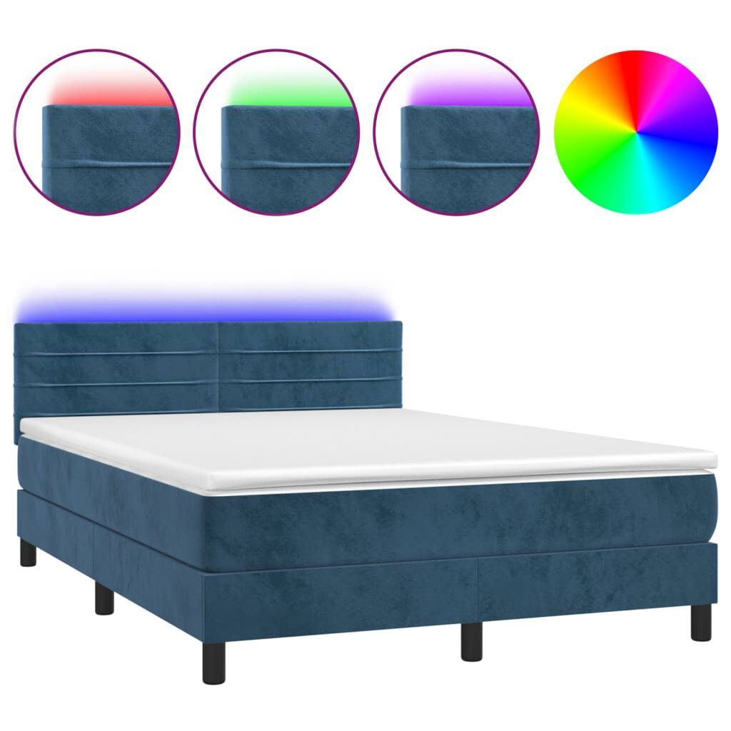 vidaXL Κρεβάτι Boxspring με Στρώμα & LED Σκ. Μπλε 140x190εκ. Βελούδινο