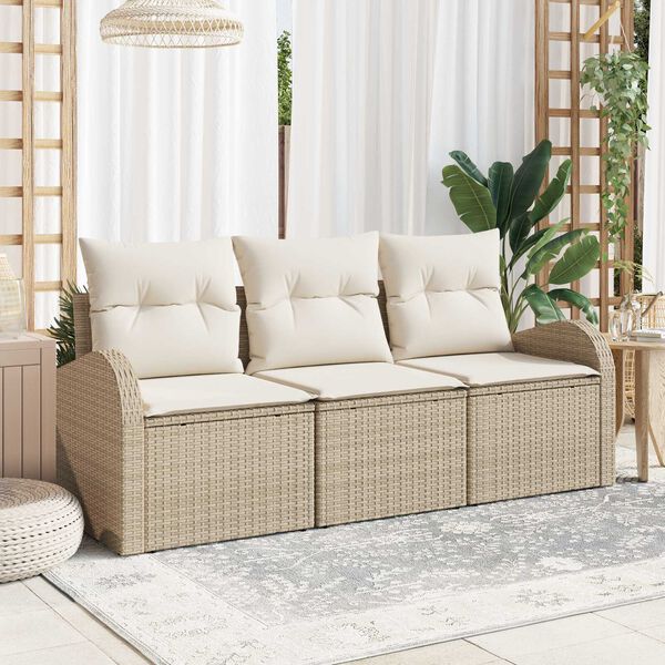 vidaXL Σετ Καναπέ Κήπου με μαξιλάρι 3 pcs Μπεζ Πολυ ράταν