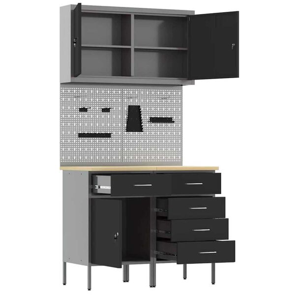 vidaXL Πάγκος εργασίας με συρτάρι 5 pcs Μαύρο 100 x 55 x 200 εκ Ατσάλι