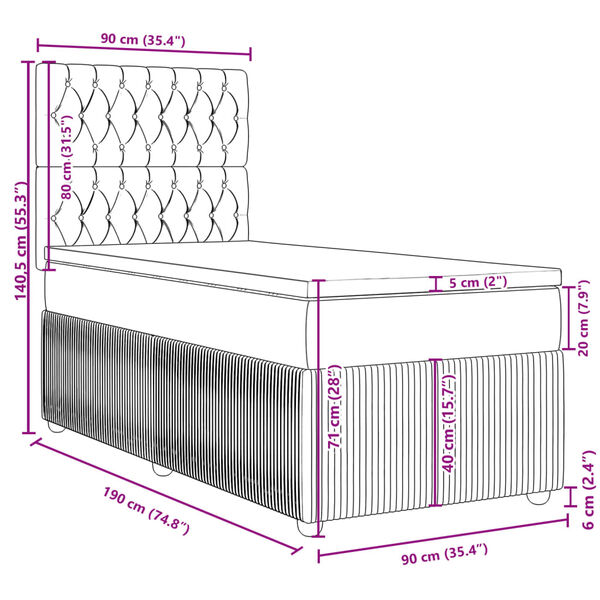 vidaXL Κρεβάτι Boxspring με Στρώμα Μαύρο 90x190 εκ. Βελούδινο