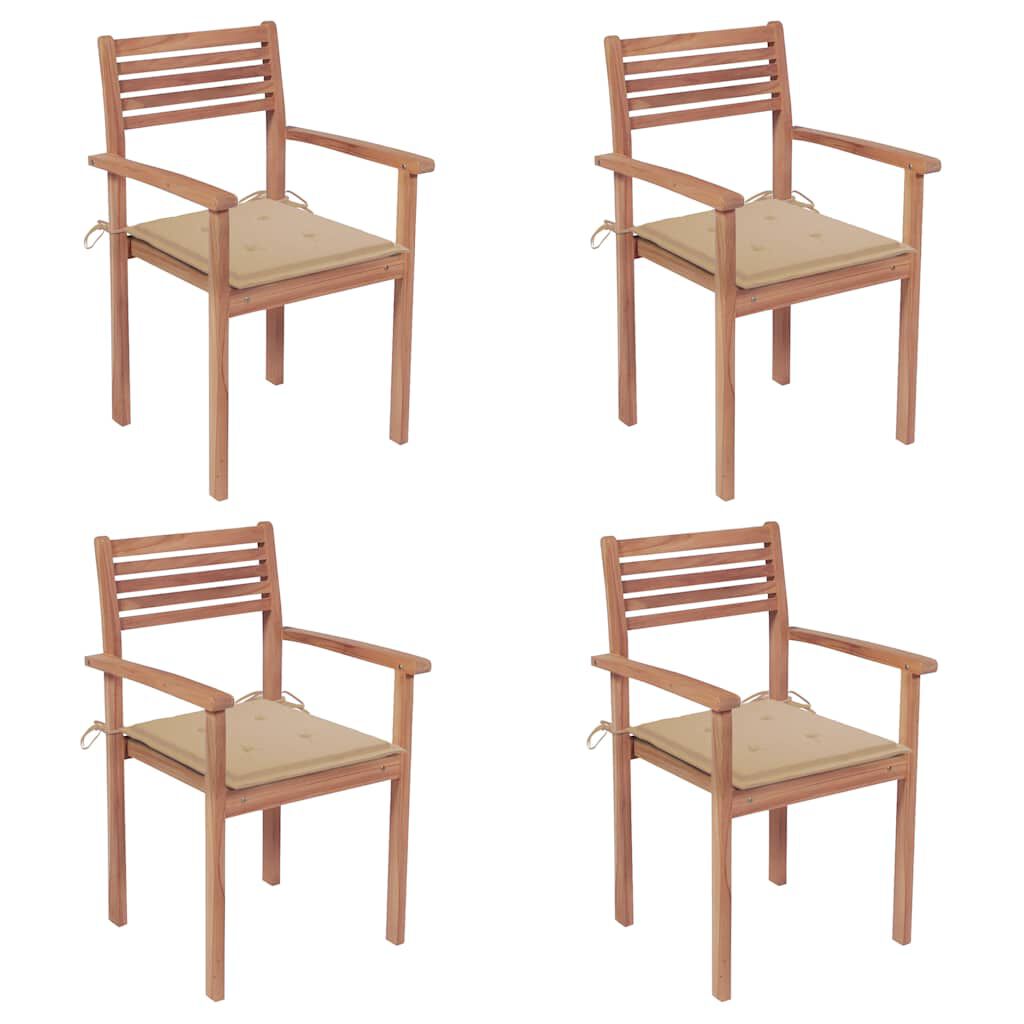 vidaXL Καρέκλες Κήπου 4 Τεμαχίων από Μασίφ Ξύλο Teak με Μπεζ Μαξιλάρια