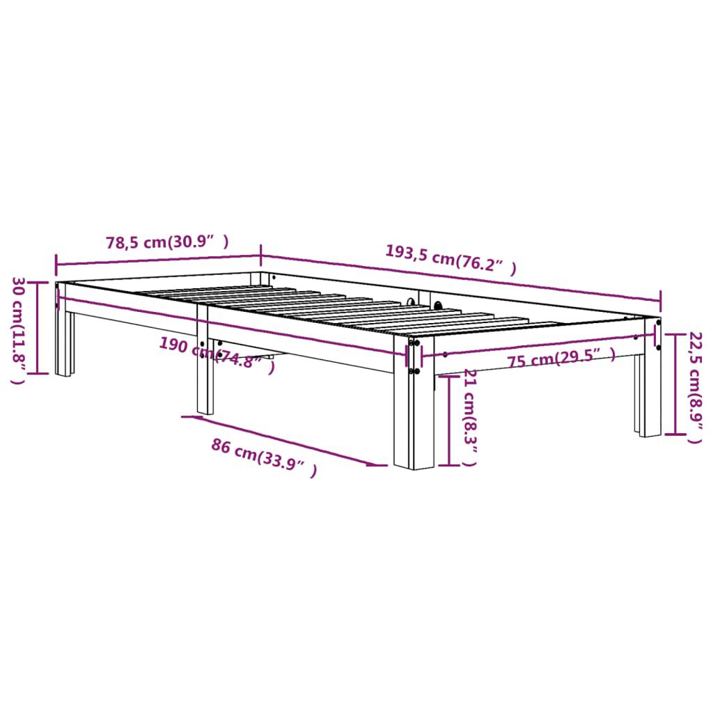 vidaXL Πλαίσιο Κρεβατιού Λευκό 75x190 εκ. Μασίφ Ξύλο Small Single