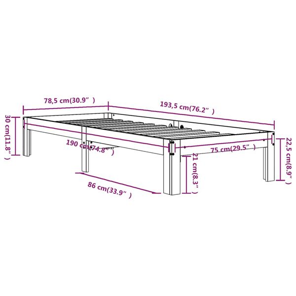 vidaXL Πλαίσιο Κρεβατιού Λευκό 75x190 εκ. Μασίφ Ξύλο Small Single