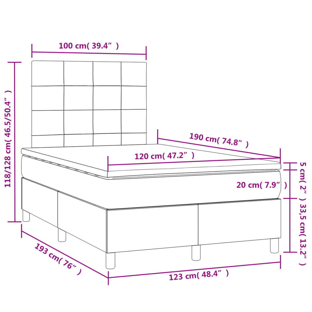 vidaXL Κρεβάτι Boxspring με Στρώμα & LED Taupe 120x190 εκ. Υφασμάτινο