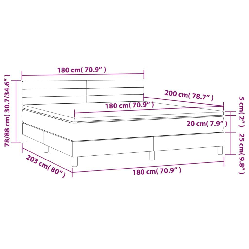vidaXL Κρεβάτι Boxspring με Στρώμα & LED Σκ.Γκρι 180x200 εκ Υφασμάτινο