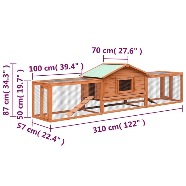vidaXL Κλουβί Κουνελιών 310x70x87 εκ. από Μασίφ Ξύλο Πεύκου/Ελάτης