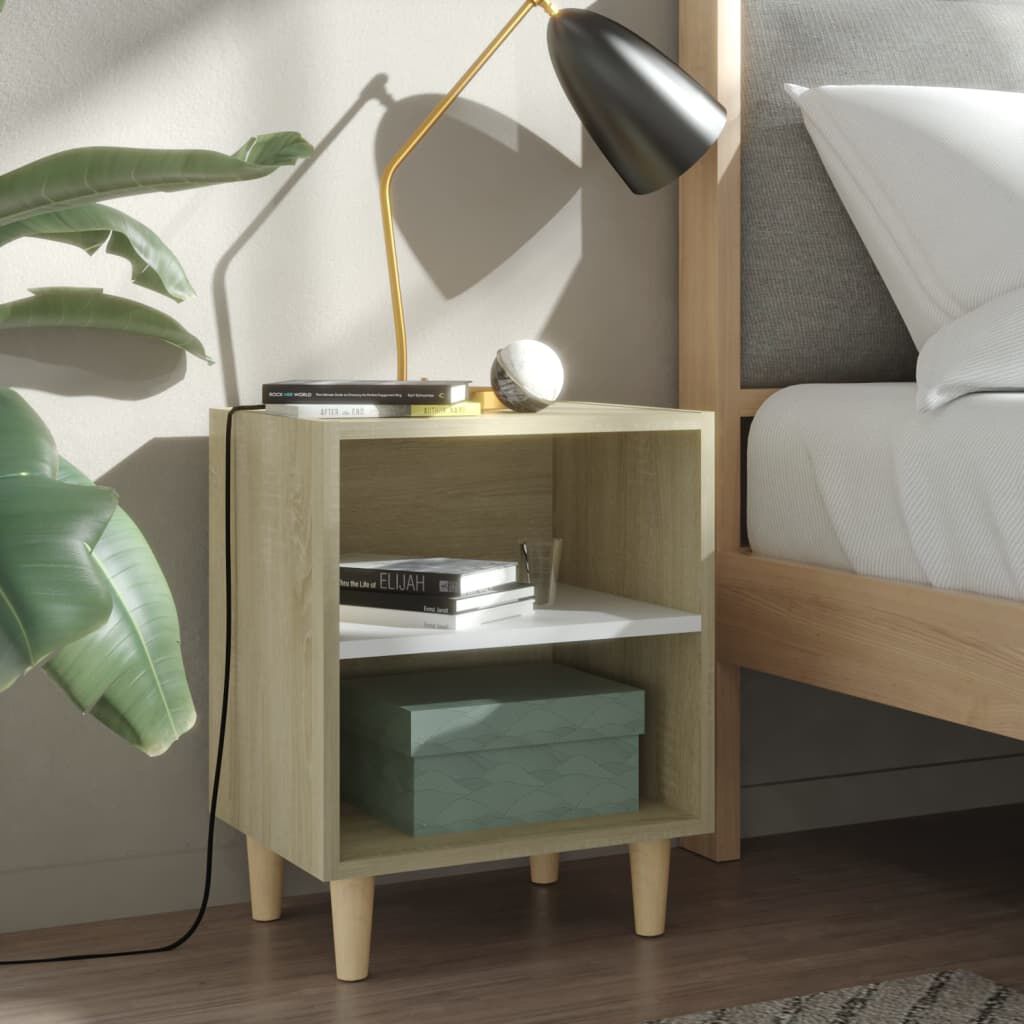 vidaXL Κομοδίνα 2 τεμ Sonoma Δρυς/Λευκό 40x30x50εκ Μασίφ Ξύλινα Πόδια