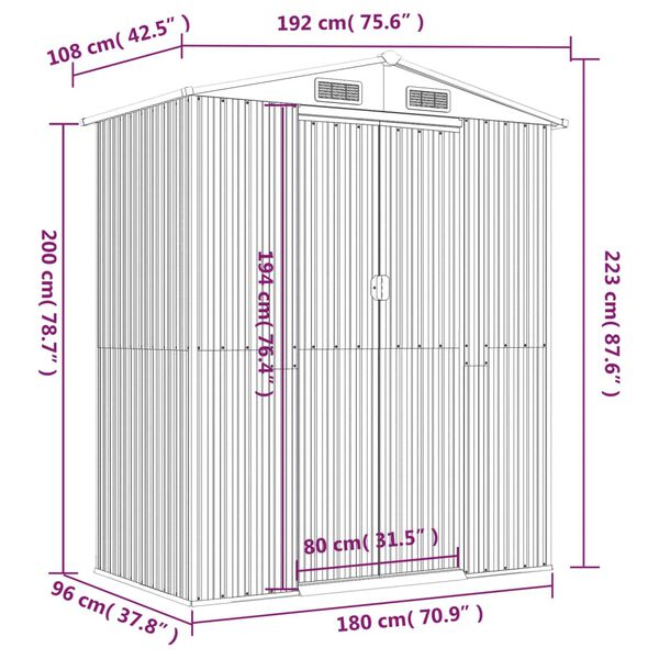 vidaXL Αποθήκη Κήπου Ανοιχτό γκρι 192x108x223 εκ. Γαλβανισμένο Ατσάλι